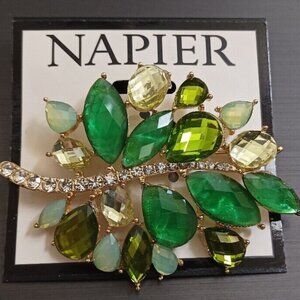 NAPIER Mod/Contemporary Leaf Gold Aqua/Clear/Green/Yellow Crystal Brooch Pin~NEW